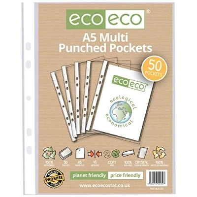 Afbeelding van eco A5 100% Gerecycleerde Multi Ponsen Zakken Glas Helder, Transparant Poly Wallet Sheet Protector, 45 Microns (50 zakken), eco132