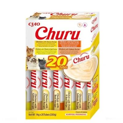 Afbeelding van INABA Churu Gepureerde kattensnacks met 4 smaken rundvlees en kip Heerlijke snacks voor katten Zachte romige textuur Kattenvoer 20 Tubes x 14g