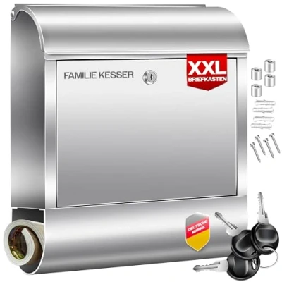 Afbeelding van KESSER® XXL brievenbus roestvrij staal met krantenvak, geborsteld, 3X sleutel afsluitbaar, gepoedercoat, wandmontage, grote front inworp: DIN C4 = A4 incl. montagemateriaal zilver