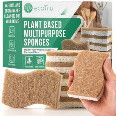 Afbeelding van ecoTru natuurlijk scrubsponzen gemaakt van cellulose en kokosnoot, eco niet krassende schuursponzen voor keuken badkamer, Milieuvriendelijke, biologisch afbreekbare vaatwasspons (6)