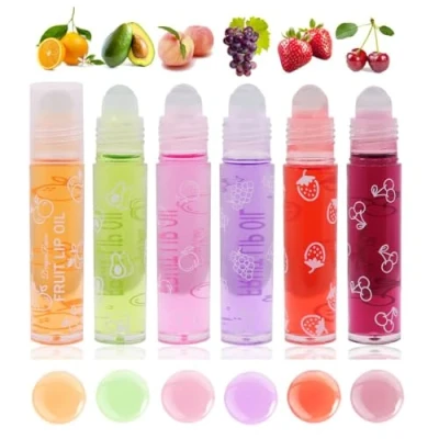 Afbeelding van Baorder 6 stuks roll on lipgloss set, fruitgearomatiseerde rollerball lipolie, transparant, plumping voor jongeren en kinderen, niet giftige lippenmake upset