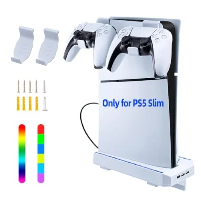 Afbeelding van Tolesum RGB wandhouder voor PS5 Slim console, draagkracht tot 10 kg, wandhouder, standaard met headsethouder en 3 USB hubs controller laadstation, houder Playstation 5 Disc &amp; Digital