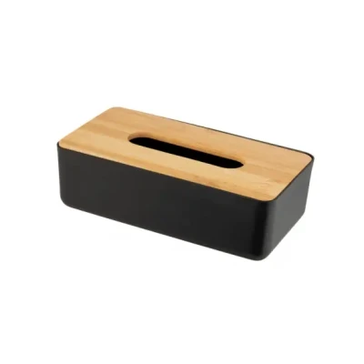 Afbeelding van WENKO Rotello, 25319100, doos voor cosmeticadoekjes of zakdoeken, kunststof met deksel van bamboe, uitneem, het opbergen commerciële kartonnen dozen, 24 x 7,5 12 cm, zwart/naturel