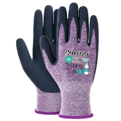 Afbeelding van KAYGO 3 paar werkhandschoenen voor dames, ademende latex gecoate tuinhandschoenen van gerecycled polyester, milieuvriendelijke beschermende handschoenen thuis en in de tuin (paars, XS, maat 6)