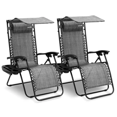 Afbeelding van SereneLife Set van 2 Ligstoelen Verstelbare Tuinligstoelen met Zonnescherm, Zijtafel, Bekerhouders, Afneembare Kussens Opvouwbare en Draagbare Loungestoelen voor Terras, Tuin, Strand Grijs
