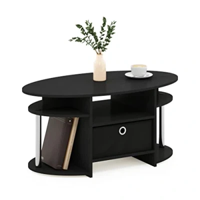 Afbeelding van Furinno Simple Design Ovale Salontafel met Bin, Hout, Americano/Chroom/Zwart, 89,9 (B) x 41,7 (H) 50 (D) cm