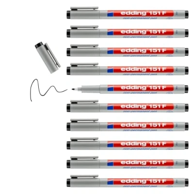 Afbeelding van edding 151 F non permanente pen zwart 10 pennen ronde punt 0,6 mm schrijfstift voor glas, kunststof, folie en gladde oppervlakken sneldrogend, met water corrigeerbaar