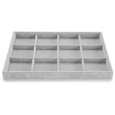 Afbeelding van Oirlv Grijze fluwelen sieradenlade met 12 rasters, sieradenopberglade, sieradenorganizerlade, ringen, oorbellen, armbanden, organizers