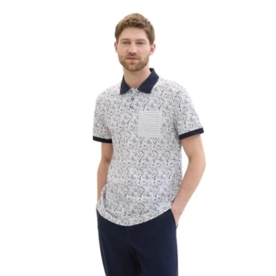 Afbeelding van TOM Tailor MIT Allover Print Poloshirt, Heren, Maat: Small, Navy white wavy leaf design