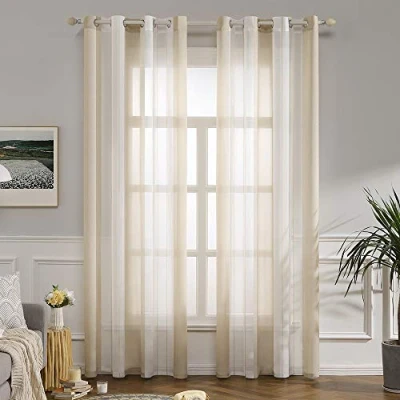Afbeelding van Miulee Gordijnen, transparant, voile met inslagringen voor woon en slaapkamer, set van 2 stuks, 140 x 245 cm, wit beige