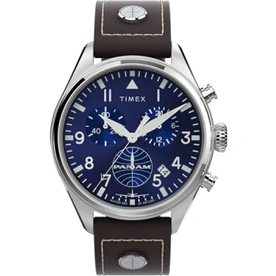 Afbeelding van Timex Heren X Pan Am Chronograaf 42mm Horloge, Bruin/Blauw/Roestvrij staal/Chrono,