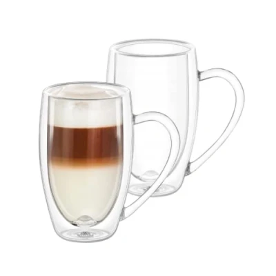 Afbeelding van Wilmax Dubbelwandige thermoglazen met handvat, set van 2, 300 ml, koffieglazen, latte macchiato glazen, cappuccinoglazen, theeglazen, drinkglazen, thermokopjes