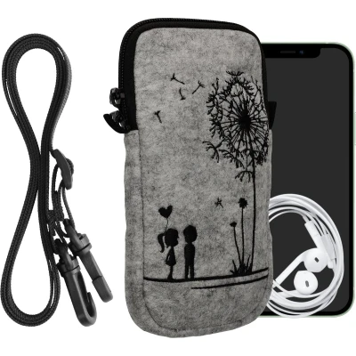 Afbeelding van kwmobile Tasje voor smartphones XXL 7&quot; Hoesje van vilt in zwart / lichtgrijs Phone case met nekkoord Paardenbloemen Liefde design