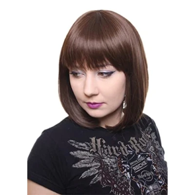 Afbeelding van Prettyland Brown Bob Medium Lengte 35cm Korte Natuurlijke Matte Gladde Statische Gratis Pruik C1467