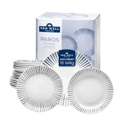 Afbeelding van van Well Paros Servies voor 6 personen, 18 delige klassieke porseleinen combi service, wit met geglazuurd een gestreepte rand in donkerblauw, serviesset ronde vorm