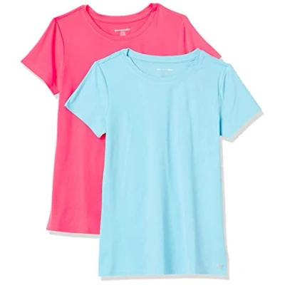Afbeelding van Amazon Essentials Dames Tech Stretch T shirt met korte mouwen en ronde hals (verkrijgbaar in grote maten), 2 Pack, Blauw/Neonroze, XL