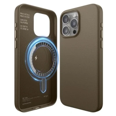 Afbeelding van elago Magnetische Leren Hoesje Compatibel met iPhone 15 Pro Max Case, MagSafe, Veganistisch PU Leer, Sterke Magneten, Volledige Lichaamsbescherming [5 laags structuur] (Taupe)