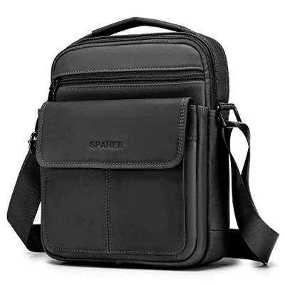Afbeelding van SPAHER Heren Leren schoudertas Handtas IPAD Zakelijk Messenger rugzak Crossbody Casual Sling Reistas Documententas met handgreep en verstelbare riem Groot formaat Bruin