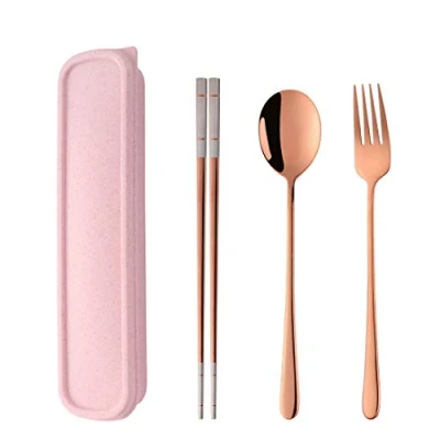 Afbeelding van SBOMHS Draagbaar outdoor reisbestek set roségoud camping bestek to go picknick school kantoor lunch servies voor 1 persoon roestvrijstalen eetstokjes lange tafelvorken soeplepels tarwestro