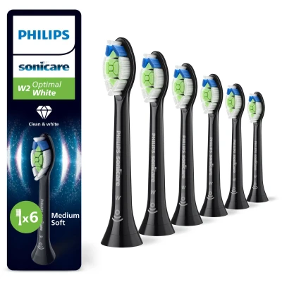 Afbeelding van Philips Sonicare Optimal White W2 Opzetborstels voor Elektrische Tandenborstel Zwart Verpakking van 6 Wittere tanden HX6066/88