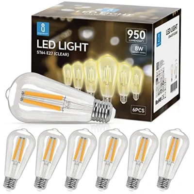 Afbeelding van Aigostar E27 LED Filament Lamp 8W (vervangt 69W), Warm Wit 2700K, 950lm, Vintage Bulb ST64, niet Dimmable, 6st