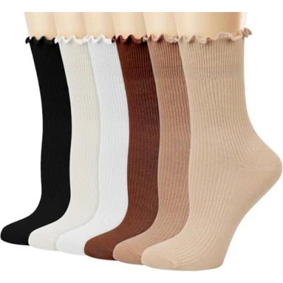 Afbeelding van DRESHOW 6 Paar Vrouwen Ruffle Frilly Sokken Zachte Katoen Gebreide Sla Casual Enkelsokken Knit voor