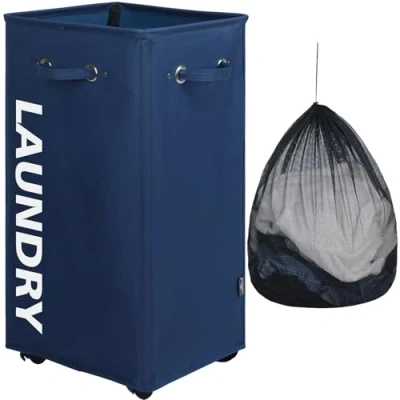 Afbeelding van DOKEHOM 29 inch extra grote wasmand met afneembare waszak op wielen, opvouwbare rollende wasmand, kledingorganizer, wascontainer (donkerblauw)