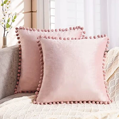 Afbeelding van Topfinel Fluweel Kussenslopen met Bal Eenkleurige Zitkussen Decoratief Kussen Sofa Slaapkamer Kantoor Auto Decoratieve Kussenhoes Hoofdkussen 45x45cm,Roze