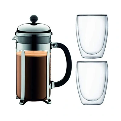 Afbeelding van BODUM CHAMBORD Zuiger koffieset 8 kopjes 1L grijs met 2 dubbelzijdige glazen Pavina 0,35l