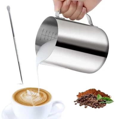 Afbeelding van VFANDV melkkannetje, 1000 ml, handheld, roestvrij staal, opschuimkannetje, koffiecrème, melkopschuimer, beker met maatmarkering, perfect voor barista, cappuccino, espresso, latte