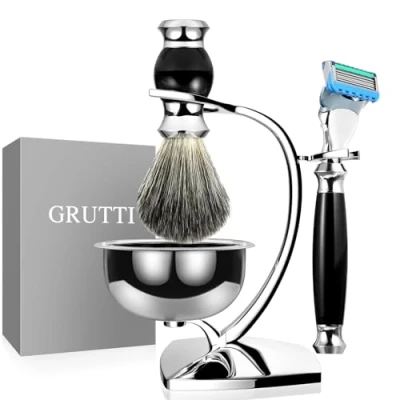 Afbeelding van GRUTTI Deluxe borstelset met luxe borstelhouder en voor zeepschaal scheerbenodigdheden, compatibel Fusion 5