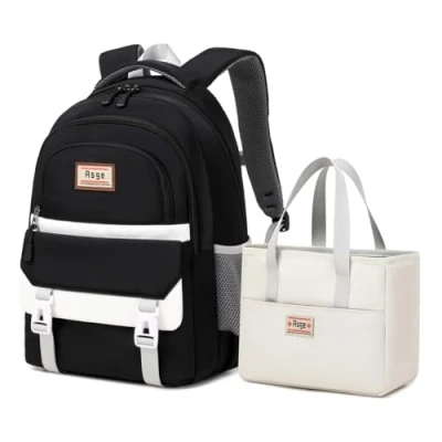 Afbeelding van Asge Schoolrugzak meisjes schooltas met ergonomisch design campus rugzak nylon waterdichte dagrugzak dames vrijetijdsrugzak tienerrugzakken modieuze schooltas, zwart1, Medium, Casual