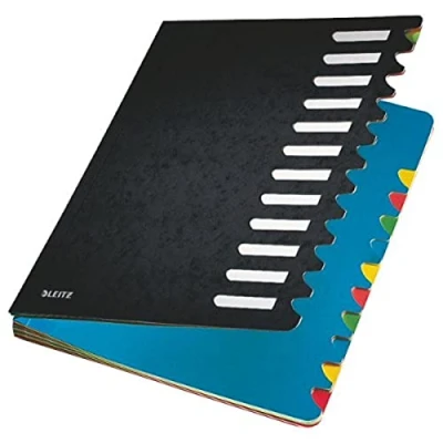 Afbeelding van Leitz Map, A4, 12 vakken, gekleurde tabbladen, 3 zichtgaten, karton, zwart, 59120095