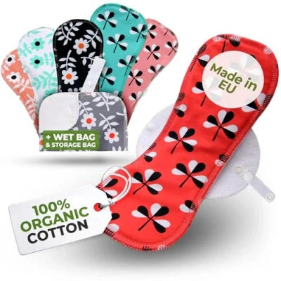 Afbeelding van Herbruikbare Maandverbanden, 6 stuks Kaoten Wasbare stoffen pads met vleugels (grootte L &amp; XL),doek Dameshygiëne Inlegkruisje GEMAAKT IN DE EU; Ecologisch en Gezond Periode Servetten voor menstruatie, overvloedige stromen, postpartum; EXTRA Natte Zak