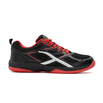 Afbeelding van HUNDRED Xoom Non Marking professionele badmintonschoenen voor heren (zwart/rood, maat: UK 10/US 11/EU 44) Materiaal Bovenwerk: Polyester, Zool: Rubber Geschikt indoor badminton/tennis/squash/tafeltennis/basketbal en padel