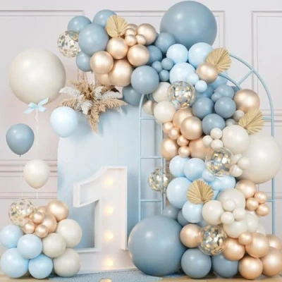 Afbeelding van Stoffige blauwe ballonboog kit, 111 stuks babyblauwe ballonslinger kit met en witte ballonnen, gouden ballonnen boog voor mannen jongens verjaardagsfeestje decoraties,