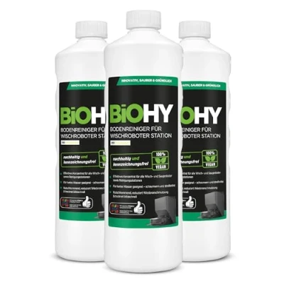 Afbeelding van BiOHY Vloerreiniger voor dweilrobot station met frisse geur (3 x 1 liter), reinigingsmiddel concentraat alle wis en zuigrobots natte functie, schuim arm streepvrij, vloeren