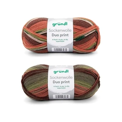 Afbeelding van Gründl Sokkenwol Duo breiset van 2 x 100 g sokkengaren (75% scheerwol (superwash), 25% polyamide) + handleiding (mogelijk niet beschikbaar in het Nederlands), oranje groen bruin
