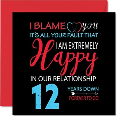 Afbeelding van Grappige 12e verjaardag kaart voor echtgenoot vrouw Your Fault I&#039;m Extremely Happy Gelukkige huwelijksverjaardag partner, 145mm x wenskaarten twaalfde jubilea