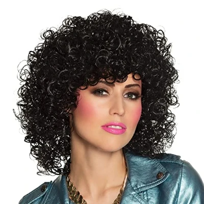 Afbeelding van Boland Pruik Club Zwart Krullen Halflang Vrouwen 80&#039;s &amp; 90&#039;s Disco