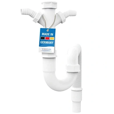 Afbeelding van VARIOSAN Flexibele buissifon 11497, 1 1/2 inch, 2 sifon apparaataansluitingen voor keukenspoelbak, vaatwasser en wasmachine