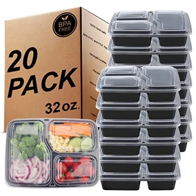 Afbeelding van KINGHON [20 stuks] 2 vaks maaltijdbereidingscontainers BPA vrije herbruikbare plastic voedselopslag met luchtdichte deksels, vriezer, magnetron en vaatwasmachinebestendig, bento lunchboxen [32 oz]