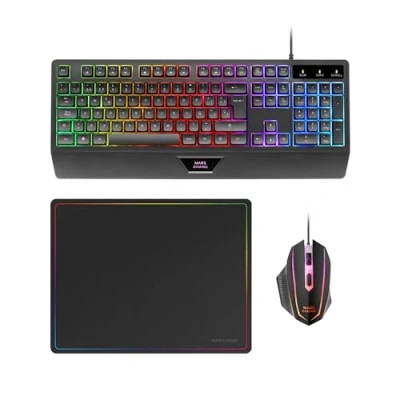 Afbeelding van MARSGAMING MCP124, 3in1 Gaming Combo, Ergonomisch H Mech LED RGB Toetsenbord, Muis 3200DPI HUANO Switches, Nanotextiel Muismat 360x260mm, Multiplatform Compatibiliteit, Portugees Layout, Zwart