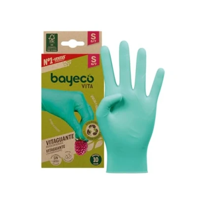 Afbeelding van Bayeco Vitaguante Wegwerpnitrilhandschoenen, biologisch afbreekbaar, maat S, 10 stuks, 100% duurzaam, poedervrij en latexvrij, gestructureerde vingers voor extra grip