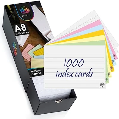 Afbeelding van OfficeTree Index kaarten set van 1000 A8 indexkaarten gelinieerd, geruit, blanco en kleurrijk leerkaarten met indexkaartenbox voor Engelse woordenschat, formules notities