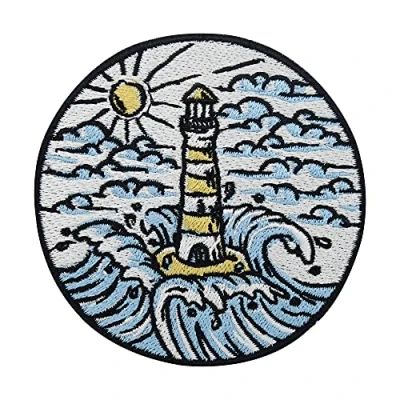 Afbeelding van Leuchtturm auf See Patch zum Aufbügeln Meer Wasser Patches, Sonne Bügelflicken, Welle Bügelbild, Maritime Aufnäher Finally Home
