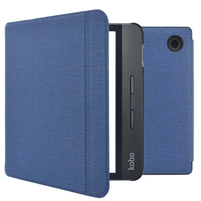 Afbeelding van Kobo Libra H2O Hoes: iMoshion Canvas Sleepcover Bookcase met stand Donkerblauw Kunstleder E Reader Hoezen