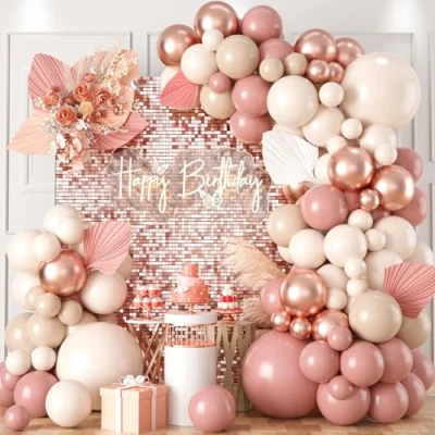 Afbeelding van Roségouden ballonboog kit 100 stuks roze ballonnen boog met en witte ballonnen, babymeisjes stoffige ballonslinger voor babyshower, bruiloft, bal, verjaardag