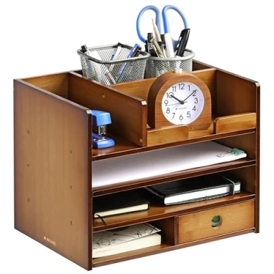 Afbeelding van Navaris Bamboe Houten Bureau Organiser Bureaukastje van hout 33 x 24 26 cm Voor kantoorartikelen en brieven Donkerbruin