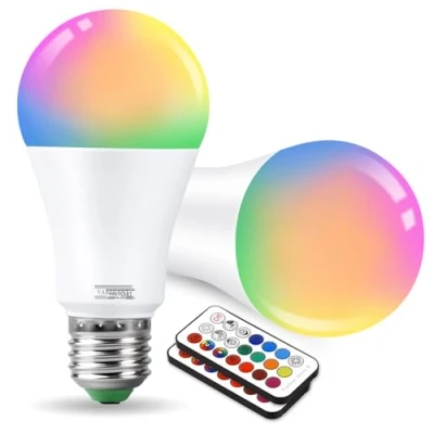 Afbeelding van VARICART E27 10W LED met Edison Schroef, RGB + Koelwit 6000K, Dimbaar 12 Kleurverandering 5 Standen, Ingebouwd Geheugen Afstandsbediening, 75W 100W Equiv. Wereldbol voor Alledaagse (Pak van 2)
